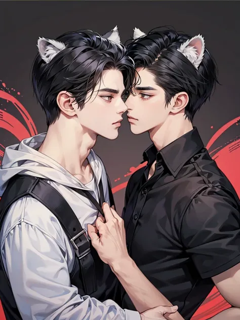 Two men, black hair, tiger ears, cat ears, simple background, 