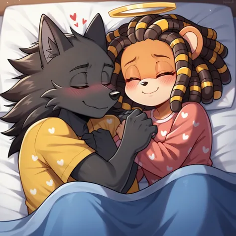 score_9, score_8_up, mobian, female,  hedgehog, two-tone fur ((orange fur, brown fur)), pyjamas, two-tone hair (brown hair, black tip)), curly hair, halo, red eyes, longeyelashes, red eyes, smile, shy, blush, laying in bed, sleeping, hearts, under blankets...