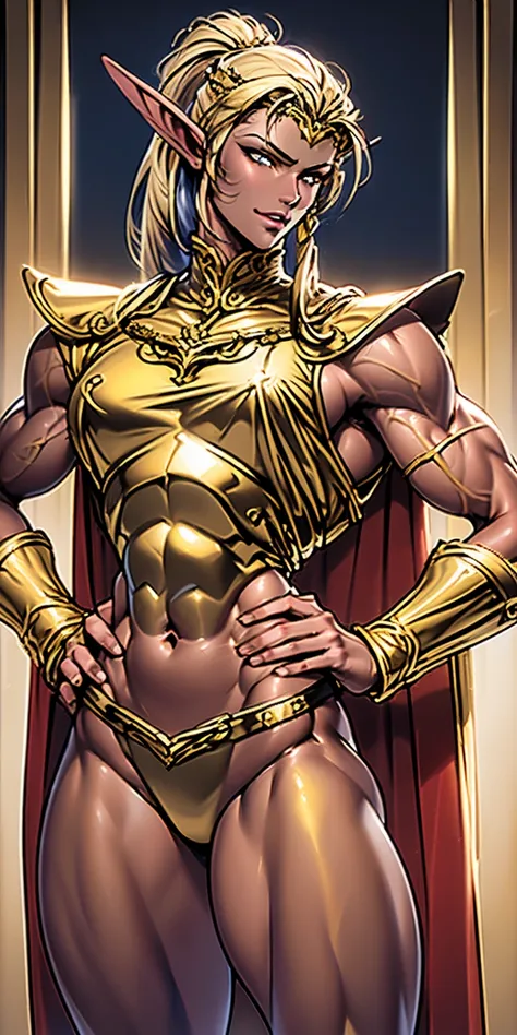 Very long hair, ponytail, perfect anatomy 1 girl tall solo, Slim Thick ((Muscular)) High Elf Tone Body, Gold breastplate, Golden Cape, Golden Gauntlet, Gold crown, Slim Abs, Hourglass Waist, Detailed face, Pronounced cheekbones, Swollen lips, Hands on hips