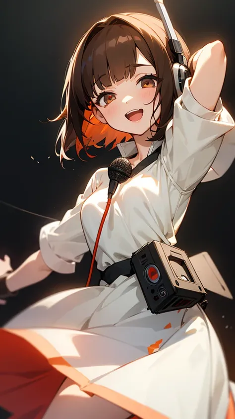 One girl, Brown Hair, Medium Hair, Textured skin, chest, Open your mouth, Bright Eyes, happiness/joy, Simple Background, Headphones worn behind the head, Anime Bangs, Minimalist, Dress up、Hair that hides one eye, Radio broadcaster、Stand microphone
