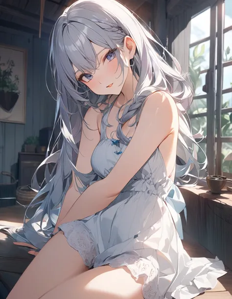 8k, Highest quality, masterpiece, Wallpapers by Unity 8k, (One Girl) , 17 years old、cute、(((Silver Hair))),(Her hair color is a blue-gray gradient), Medium long hair Beautiful breasts, Summer fashion、one piece、from behind, from below
