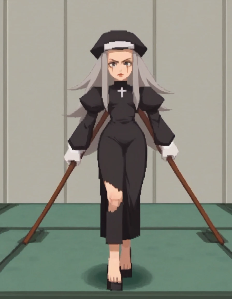 zPDXL, score_9, score_8_up, score_7_up, 1girl, solo, rcklgnd, mature woman, small breasts, very long hair, grey hair, feminine, scars, facial scar, lipstick, full body, looking at viewer, standing, cleric, torn clothes, robes, thick thighs, hat, gloves, ho...