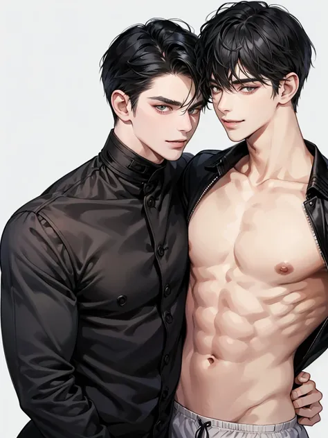 Two men, black hair, lover, simple background, Sweet Face, bright eyes, evil smile, seductive smile, 