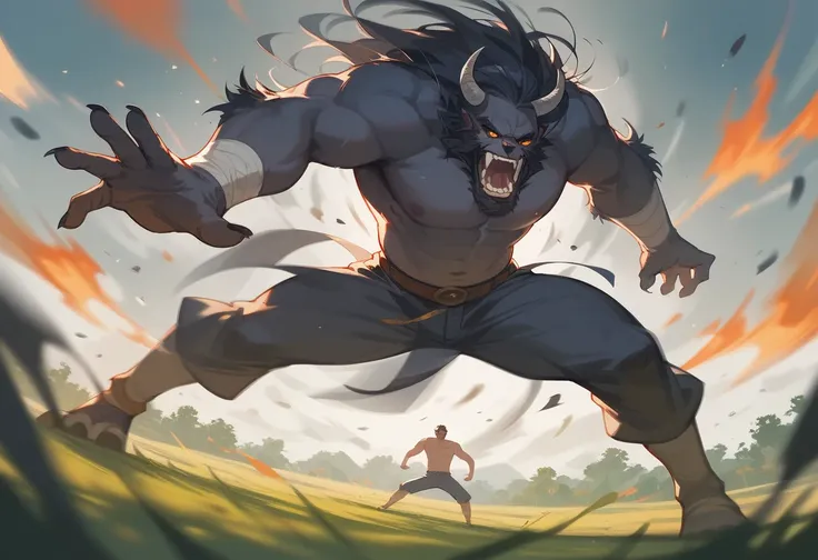 Top quality, High-quality illustrations((masterpiece))Depth of Field, Motion Blur, absurd, Perfect anatomical structure, magnificent picture of Beast field fighting fierce battles, Beast field, 1 boy, Focus only, anthropology((dramatic))epic, arms, Dynamic...