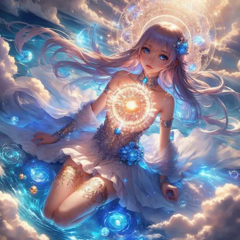 Woman in dress sitting on clouds with sun in hand, beautiful heavenly mage, anime goddess, anime girl with cosmic hair, goddess of heaven, Doesn&#39;t exist like a star, Fantasy anime artwork, ethereal anime, Goddess of Light, fantasy anime illustration, A...