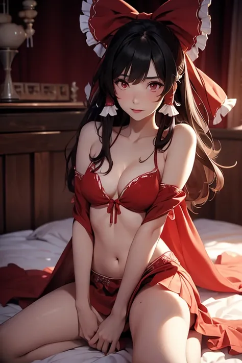 Reimu, At the bed, Straddling a mans lower abdomen, Inserting the penis into the vaginal opening, Sperm drips from the vaginal opening, Small breasts, Spread your legs, naked, Removable sleeves, skirt, Dark Eyes