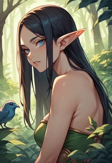 Humanoid creature, elf ears, blue eyes, black hair, forest on the background 