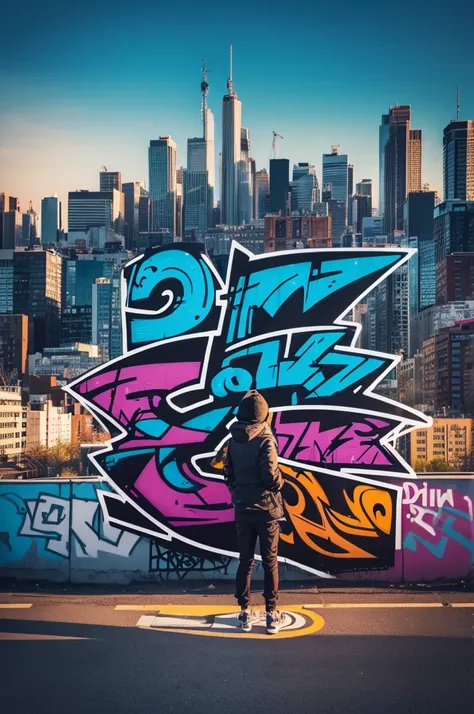 create graffiti with wild style letters with a city in the background. 