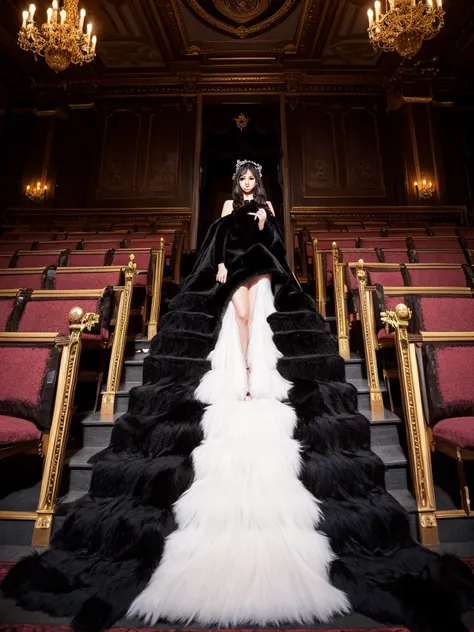 fluffy。fluffyの毛皮。Luxurious black fur。Woman in luxurious dress。Fur Cape。Four women。Watching the audience。Fairytale room。Fluffy carpet。Fisheye Lens