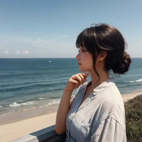 A thoughtful person looking at the horizon, with a hazy background.