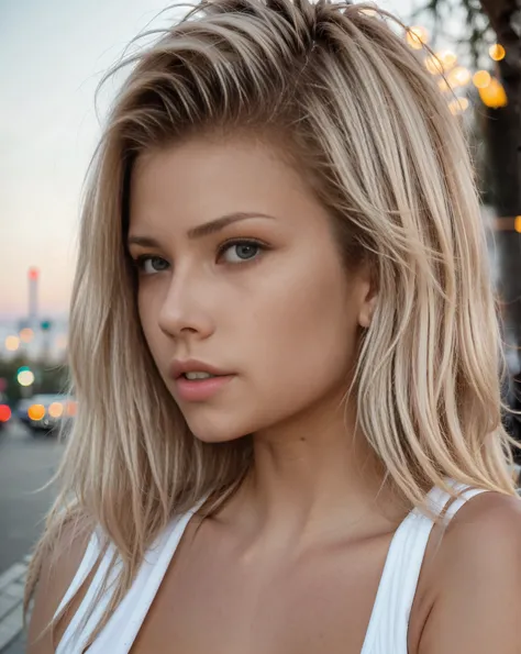 up close photo of a beautiful curvy young blonde woman taking selfies on the ground (long straight hair). she has straight hair. she has large breasts. selfie posing in a LA park at night with tongue out. (red top) hyperrealistic, stunning, attractive, pre...