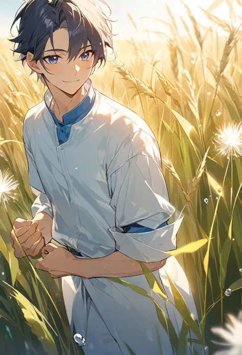 (zh-CN) Farmland, Morning Dew, Sunlit wheat field, Leisurely blooming dandelion, (1 boy), A big smile in the bright sun, Wearing light cotton clothing, Blue Shirt, Gentle and natural.