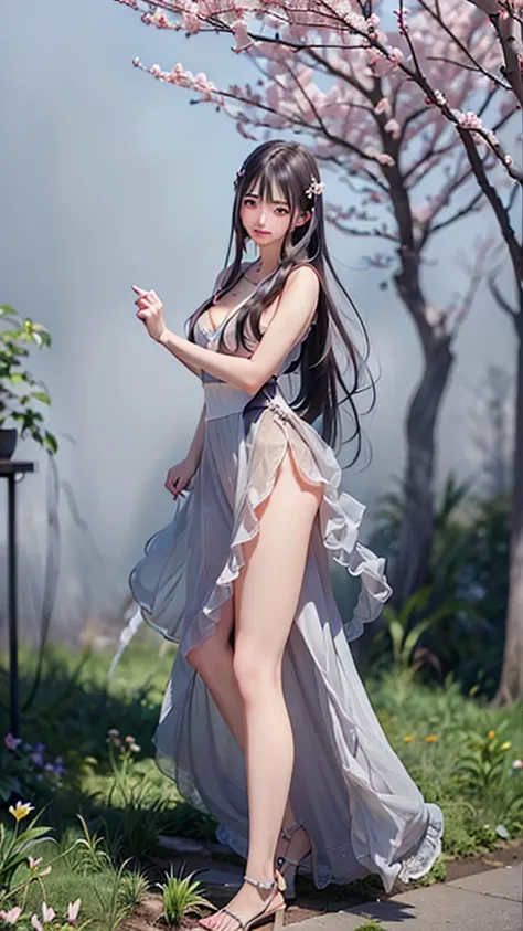 a beautiful young korean woman with long hair,1girl,standing,enjoying a beautiful day,park,cherry blossoms,cherry trees,spring,soft light,detailed face,beautiful eyes,long eyelashes,beautiful lips,detailed clothing,flowing dress,peaceful,serene,photorealis...