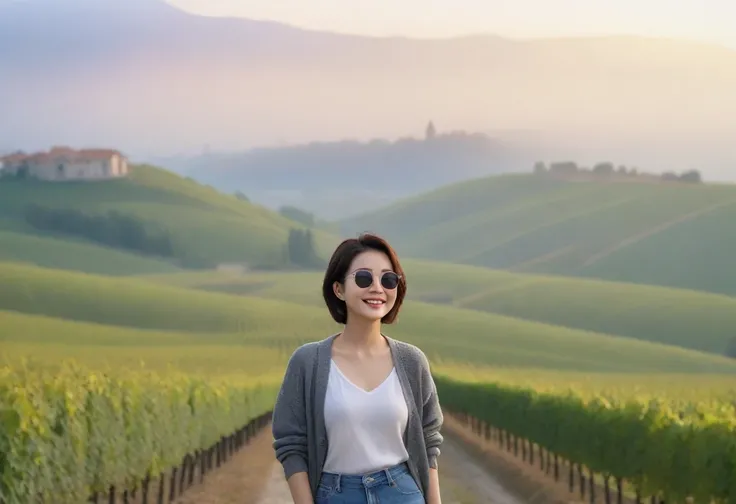 8k best picture quality, Beautiful 36-year-old Korean woman, Chest size 34 inches, Dawn in the early autumn countryside in northern Italy, View of the cathedral next to the vineyards, The back background is realistic and vivid quality., short medium hair, ...