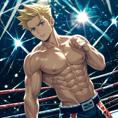 score_9, score_8_up, score_7_up, source_anime, score_6_up, score_5_up, score_4_up, BREAK 1guy, heavy weight muscular, black wrestling bikini, solo, topless, blonde, fighting stance, hollywood action, masculine handsome guy, tsurime, sanpaku, blue eyes, spi...