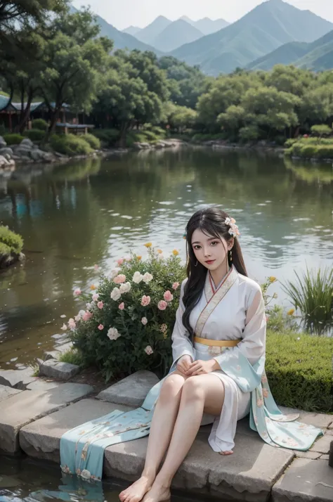 hanfu, 1 girl, medium bust, rift, mountain, soaking foot, sit, chinese park background,white thighs,clear water,(foot:1.3), too ...