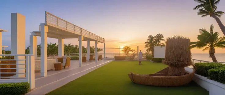 headquarter of local caft resort , coconut trees, greenery landscape, along the white beach, clear sky, sunrise time, warm light...