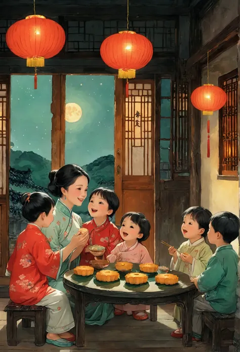 (top quality、8k、masterpiece:1.3)、china 70s，the family sits together and eats mooncakes,mom, dad and children laughing together，p...