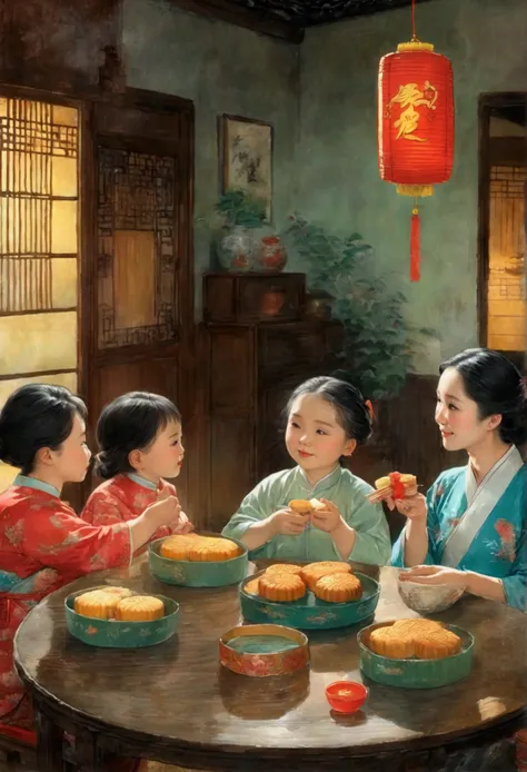 (top quality、8k、masterpiece:1.3)、china 70s，the family sits together and eats mooncakes,mom, dad and children laughing together，p...