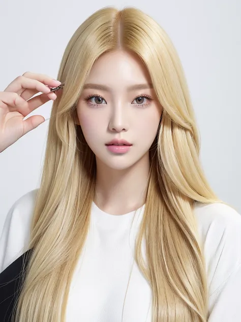 long hair blonde woman holding white mobile phone., portrait of kim petra, popular makeup in korea, portrait of blackpink josh, ...