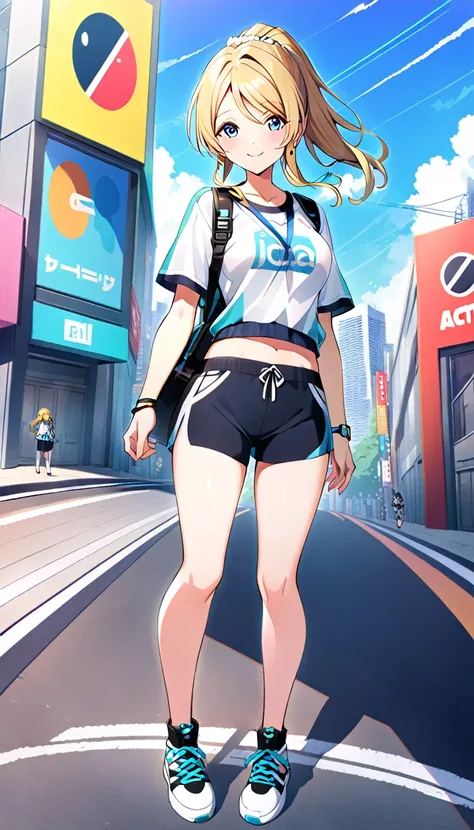 18-year-old adult woman, eri ayase, full body, wearing active clothes for going out in the city in midsummer, medium chest, id_e...