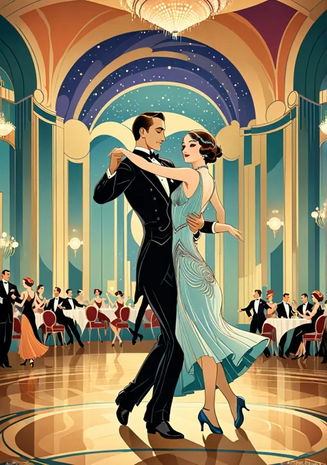 a vector illustration of a couple dancing in a ballroom, ballroom background, art deco illustration, couple dancing, dance scene...