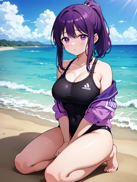 shot on the beach,photograph the whole body,nagisa kubo, one girl,purple hair,purple eyes,medium hair,short ponytail,big breasts...