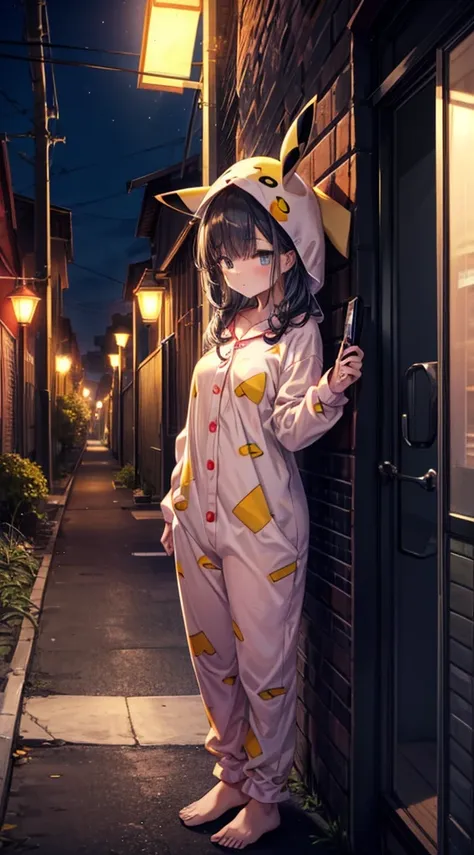 a girl in a pikachu costume pajamas standing under an old street lamp,dark and lonely road,block fence,telephone pole,sleepy eye...