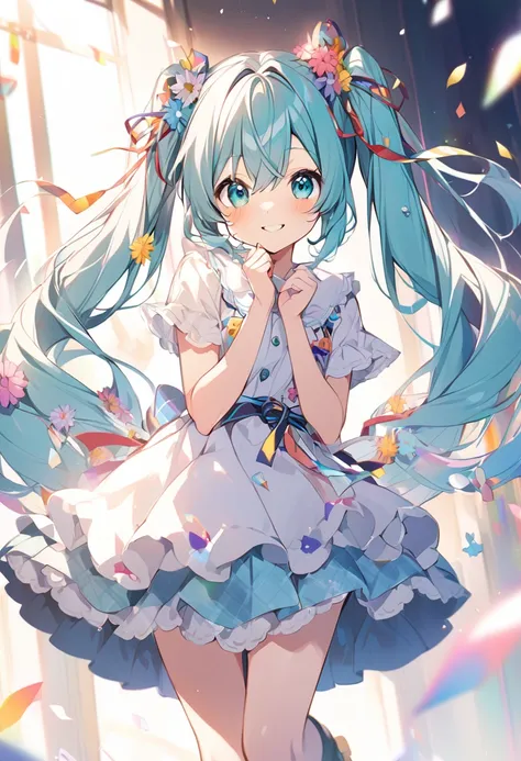 one girl、hatsune miku、twin tails、smile、colorful、lovely、aster&#39;s work in the spotlight、highest quality、perfect face、sketch、clo...