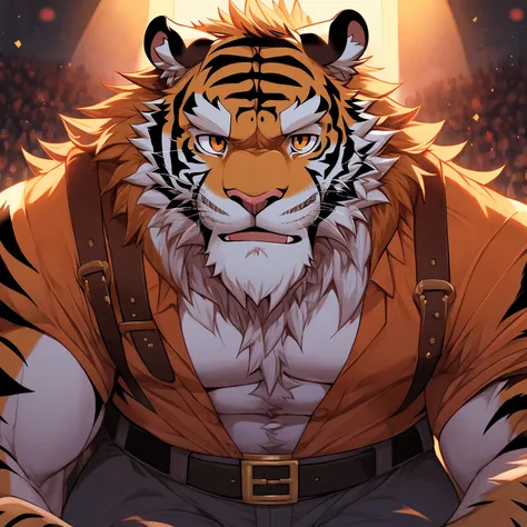 (1 mature male furry), masterpiece, best quality, Super beautiful illustrations, Male tiger furry, Strong masculine face, whole body，Looking at the audience, 1 Boy, belt, close up, Looking at the audience, 4K, high resolution, 