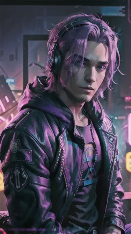 Homme métis 3D, cyberpunk, neon, purple neon hair, neon eyes purple, bulky high-tech cyberpunk DJ headphones, red helmet, red black leather jacket, hoodie,