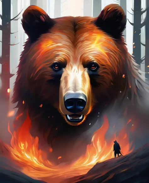 a breathtaking digital illustration captures the mesmerizing moment when a bear merges perfectly with the enchanting forest full...