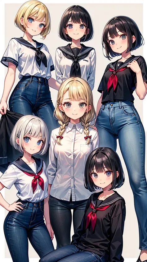 Three Women　Group photo　Everyone looks at the camera　(left　Silver Hair　Short Hair　Tallest　Sharp Eyes　smile　Work clothes)　(middle　Black Hair　Medium Hair　The shortest　引きつったsmile　Black Sailor Suit　Long skirt)　(right　Blonde　Bob cut with small braids　Second tal...