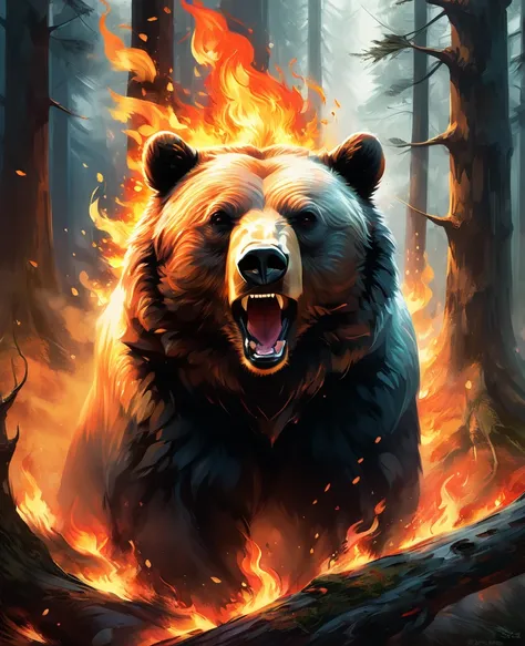 a breathtaking digital illustration captures the mesmerizing moment when a bear merges perfectly with the enchanting forest full...