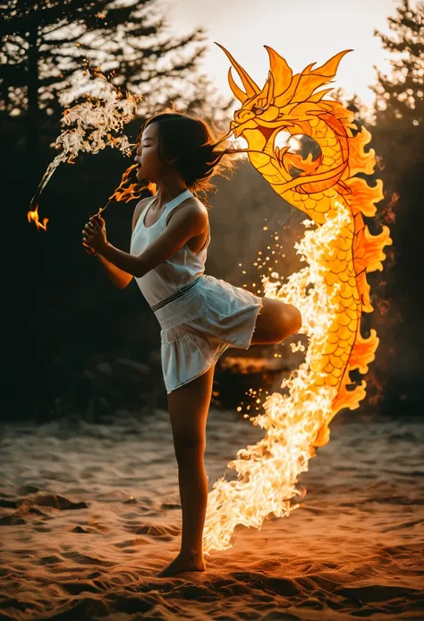 double exposure photo of a {girl:1.2} kick the air and a fire breath{dragon:0.8}, (transparency effect:1.2)golden hour, masterpi...