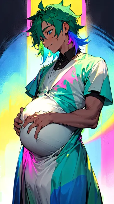 Pregnant trans man, dark green hair, blue eyes, rainbow dress