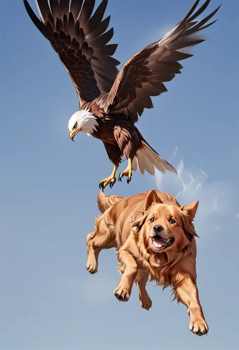 there is a bird flying over the puppy, eagle, 空飛ぶ巨大eagle, eagleに捕まった仔犬、happy puppy、wagging his tail、hot photos, intense combat, ...