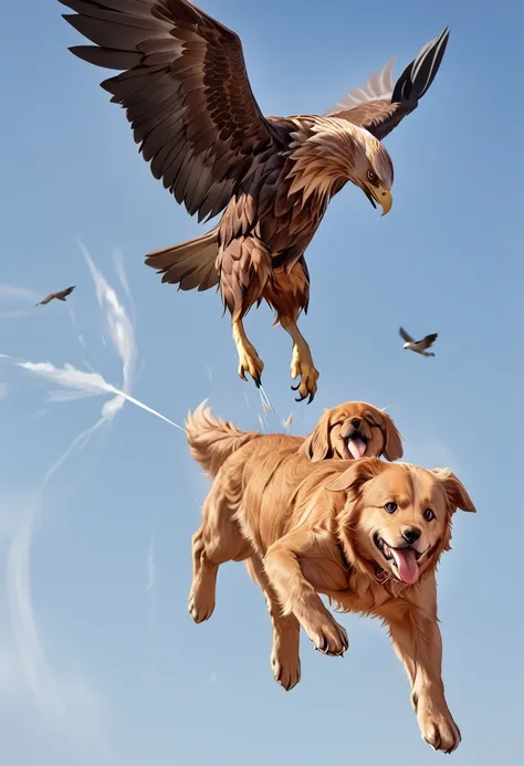 there is a bird flying over the puppy, eagle, 空飛ぶ巨大eagle, eagleに捕まった仔犬、happy puppy、wagging his tail、hot photos, intense combat, ...