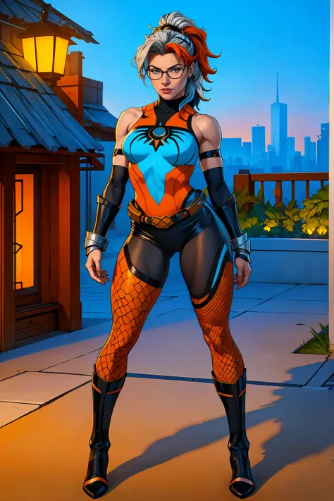 ((Full body photo, standing, feet on the floor)) (best quality,4k,8k,highres,fishnet pantyhose
, masterpiece:1.2),ultra-detailed,(realistic,photorealistic,photo-realistic:1.37),full body shot,Rogue,X-Men,yellow thigh high boots,beauty pose, standing tall, ...