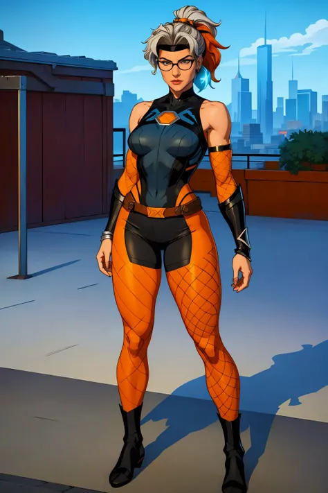 ((Full body photo, standing, feet on the floor)) (best quality,4k,8k,highres,fishnet pantyhose
, masterpiece:1.2),ultra-detailed,(realistic,photorealistic,photo-realistic:1.37),full body shot,Rogue,X-Men,yellow thigh high boots,beauty pose, standing tall, ...