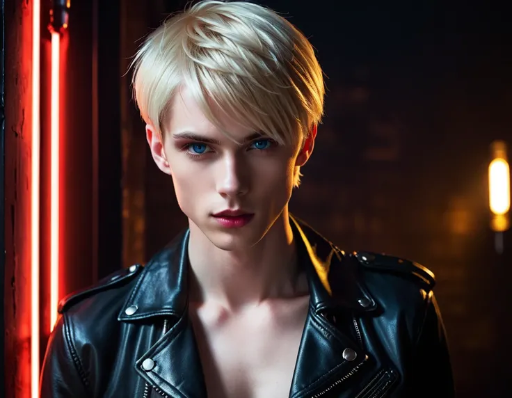 Hyper realistic, dark vibes, solo, young man, boyish face, 22 years, pale skin, model (skinny:1.2), blue eyes, (short textured blond hair:1.2), tussled side swept fringe, black leather jacket, holding sharp knife, dark lighting, night BDSM club background,...