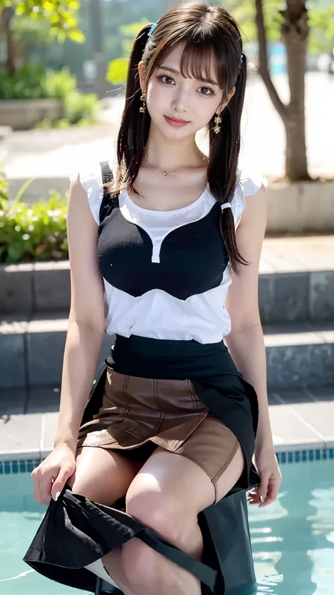 ((masterpiece, Highest quality)),Best aesthetics,One girl, Sitting with legs apart, Poolの中,Pool, Long Hair, Outdoor, Chair, View your viewers, Focus Only, Brown eyes, mini skirt, Romper Swimsuit, Black hair twin tails, bangs, Sit with your legs apart,smile...