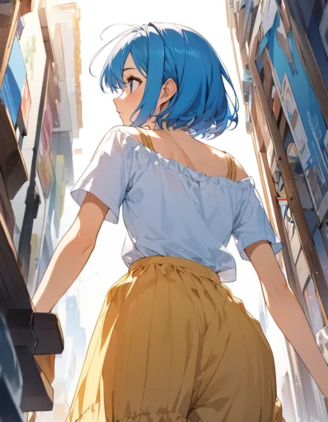 (Top quality illustrations:1.2), (pretty girl:1.1), (1 girl、17 years old、Top quality illustrations:1.2), (1 girl、Medium chest、Kind eyes)、Bright blue hair、Short Bob Hair、Summer fashion、from behind, from below