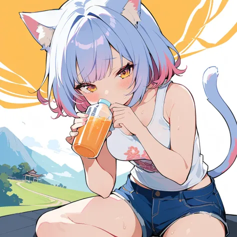 1girl,front view, woman with white bob hair, looking at viewer, golden eyes, half-closed eyes, tank top, denim shorts, sitting, sweat, hot-looking expression, blush, plump, drinking juice from a bottle, morning, countryside, medium chest, comical, cat tail...