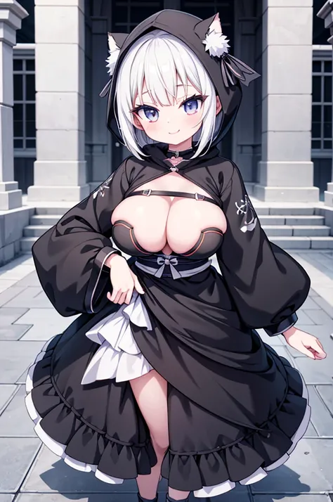 Anime-style image of a woman with white hair and black clothing, Cute 3D anime girl render, Cute anime waifu in a nice dress, Anime VTuber Full Body Model, Anime girl in a black hoodie, Gothic Maiden Anime Girl, Highly detailed characters, Official charact...