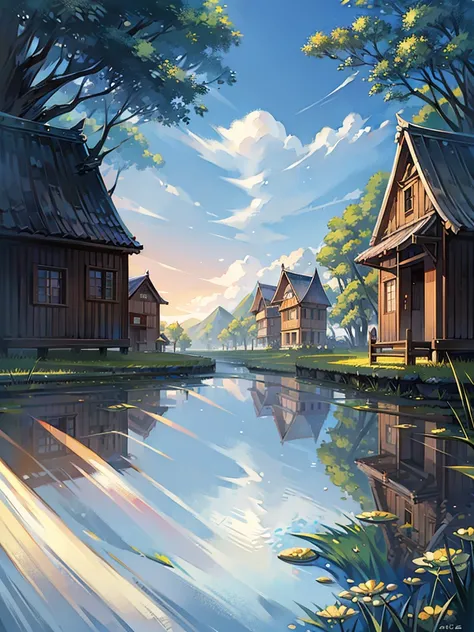 Peaceful scenery、The rice fields are spreading、A row of cute houses、Landscape painting