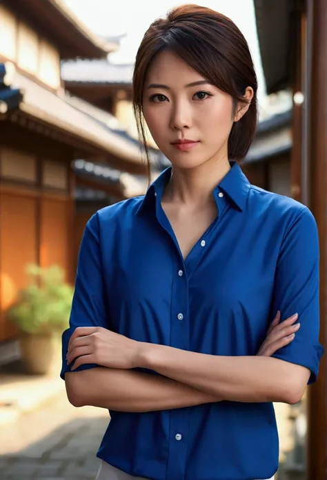 woman,Japanese,Blue Shirt,No sleeve,Realistic details, High resolution,Bokeh,Excellent details