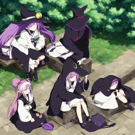 1 person. Anime girl with long purple hair and black robe. Pointy ears. Cute as in manga. Sitting with eyes closed. Headphones. Witch hat on the ground.