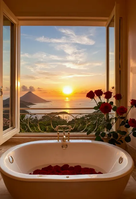 good morning, 女king, king, Brazil, Italy, Bathroom, clean, window, Red rose wave, sunrise, Amazing View  