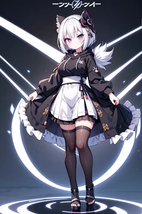 Anime-style image of a woman with white hair and black clothing, Cute 3D anime girl render, Cute anime waifu in a nice dress, Anime VTuber Full Body Model, Anime girl in a black hoodie, Gothic Maiden Anime Girl, Highly detailed characters, Official charact...